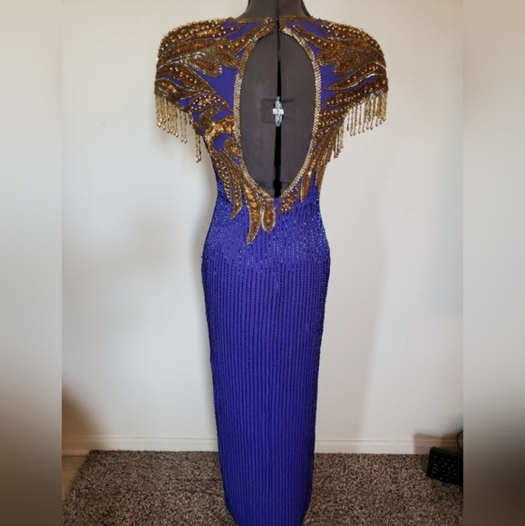 Vintage Indigo and gold beaded applique gown - Picture 3 of 9